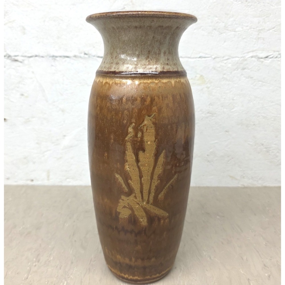 Richard Dick Lien Studio Pottery Vase Vintage Unsigned Brown Wheat Ceramic 12"
